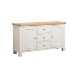 White sideboard with wooden top on a white background