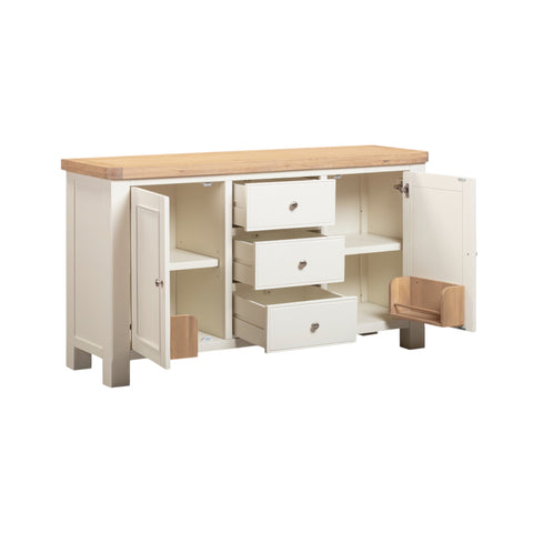 Wooden dresser with multiple drawers and open doors on a white background