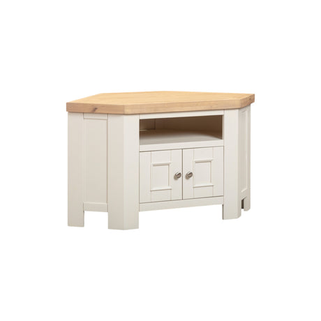 Corner TV stand with wooden top and white base on a white background
