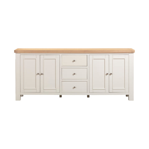 White sideboard with wooden top on a white background