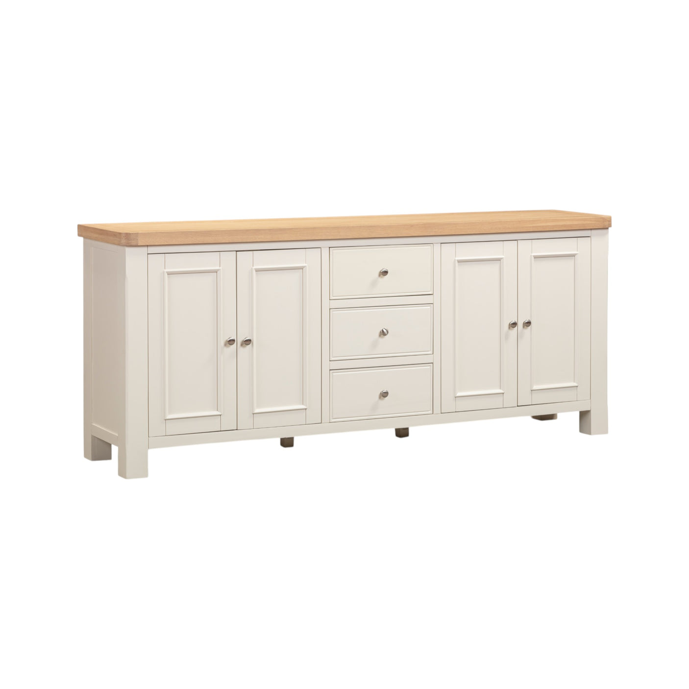 White sideboard with wooden top on a white background