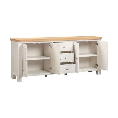 White sideboard with wooden top on a white background