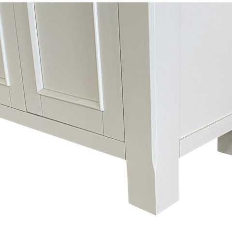Close-up of a white bathroom vanity with a neutral background