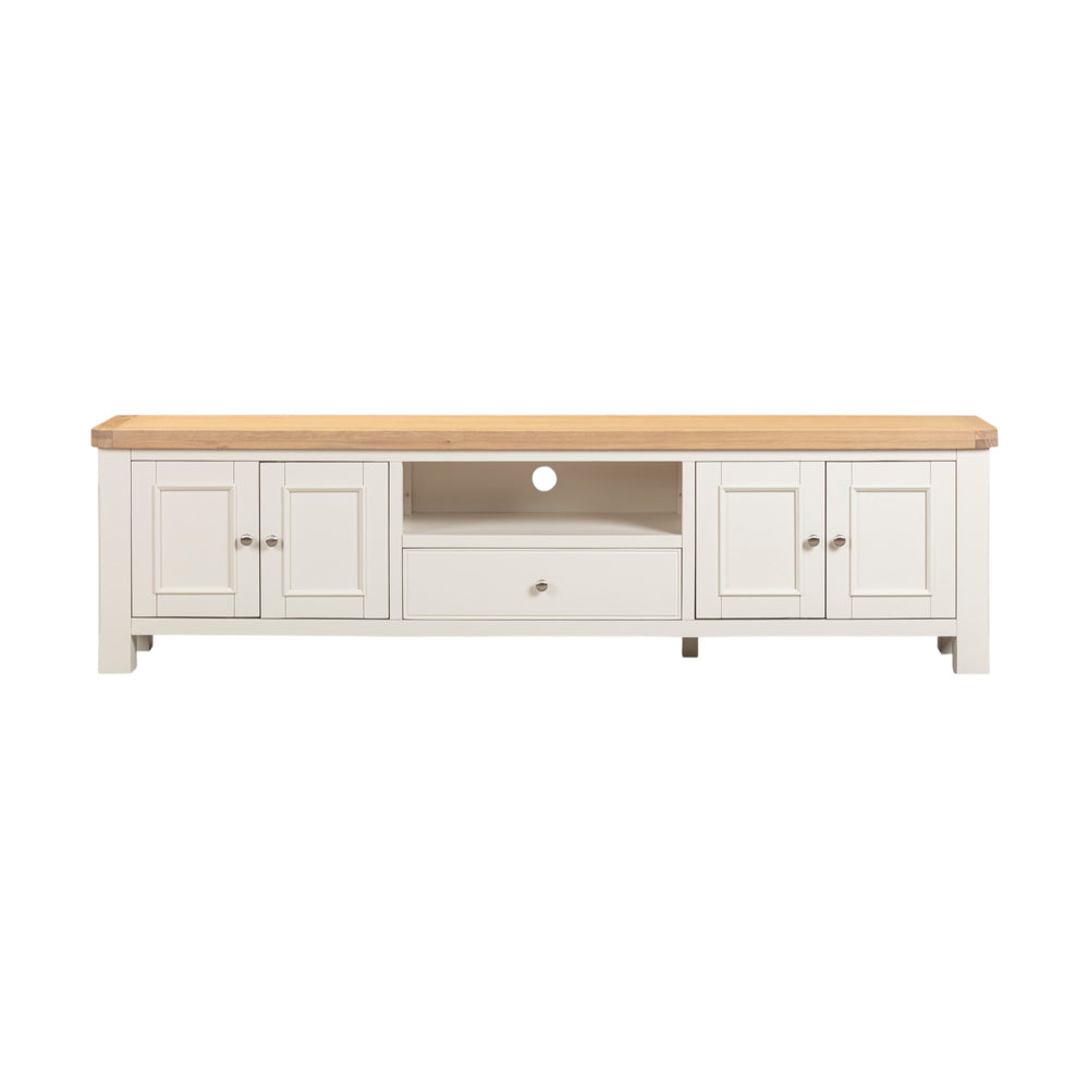 White TV stand with wooden top on a white background
