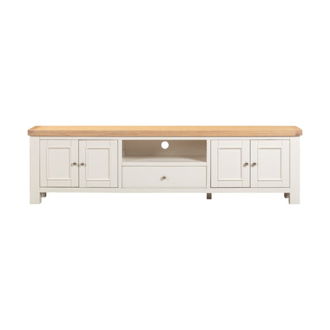 White TV stand with wooden top on a white background