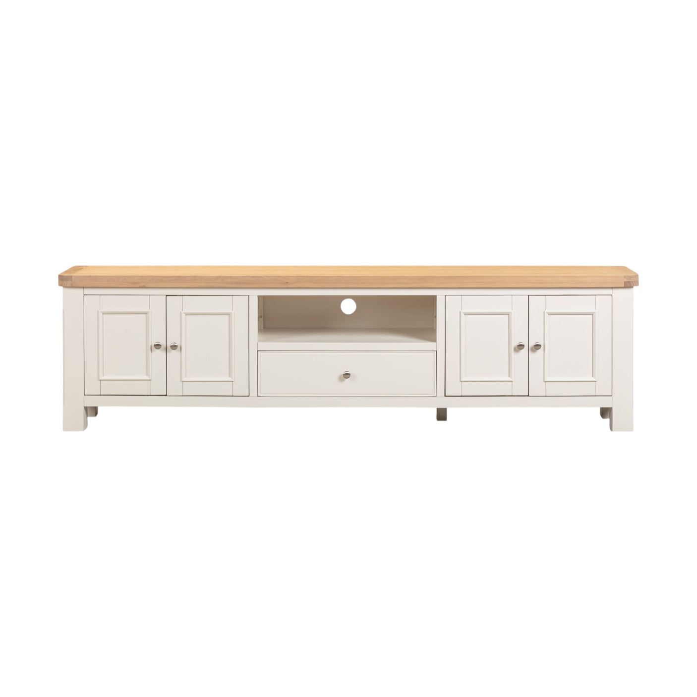 White TV stand with wooden top on a white background