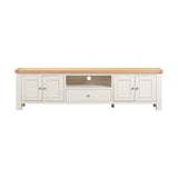 White TV stand with wooden top on a white background