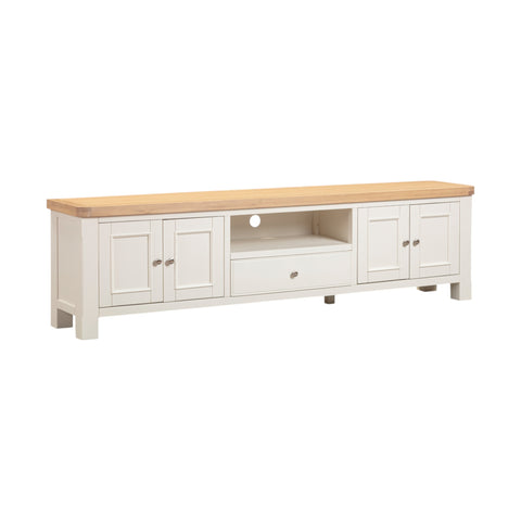 White TV stand with wooden top on a white background