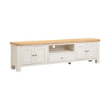 White TV stand with wooden top on a white background