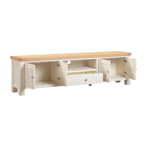 White wooden console table with a light wood top on a white background
