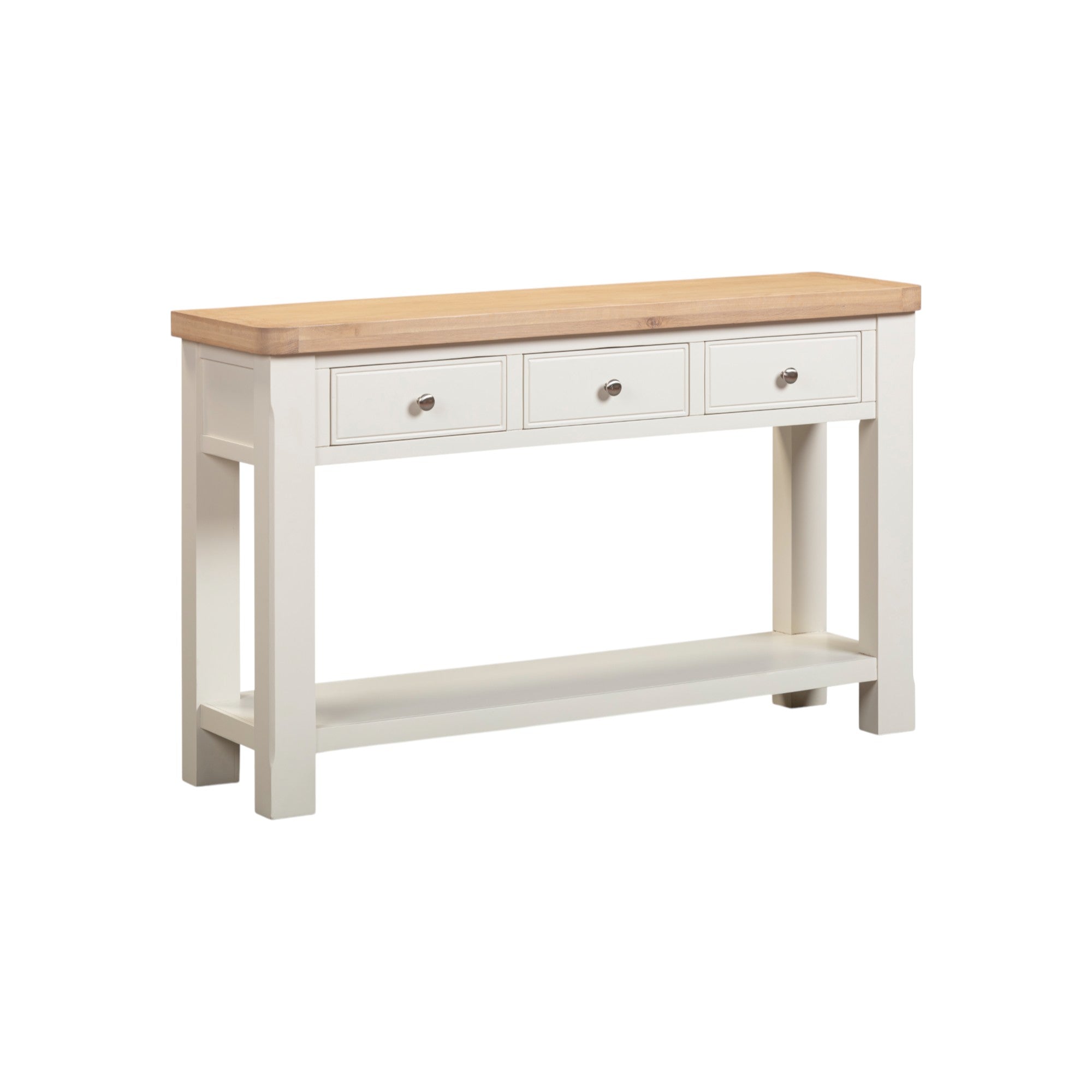 White console table with wooden top on a white background