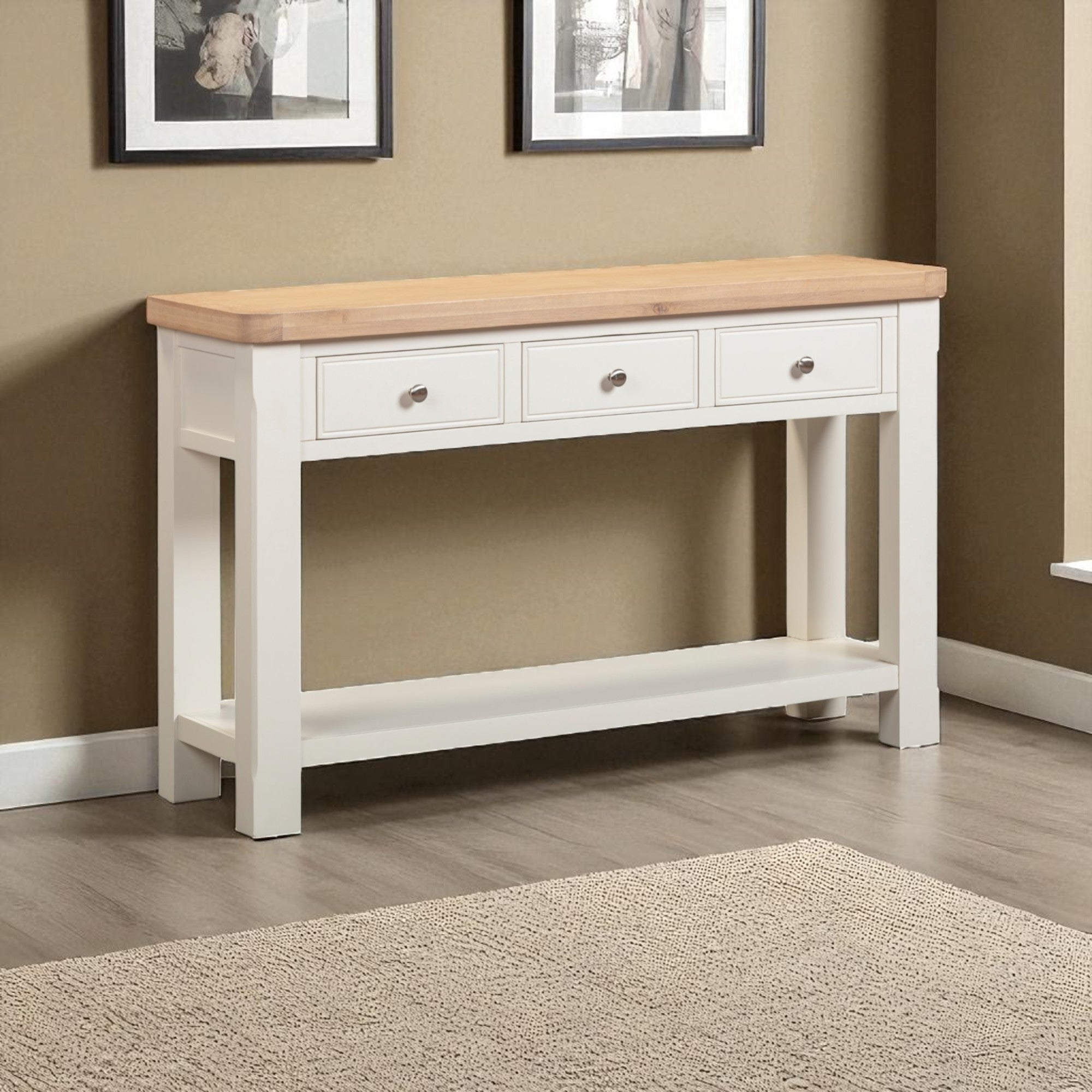White console table with wooden top against a beige wall
