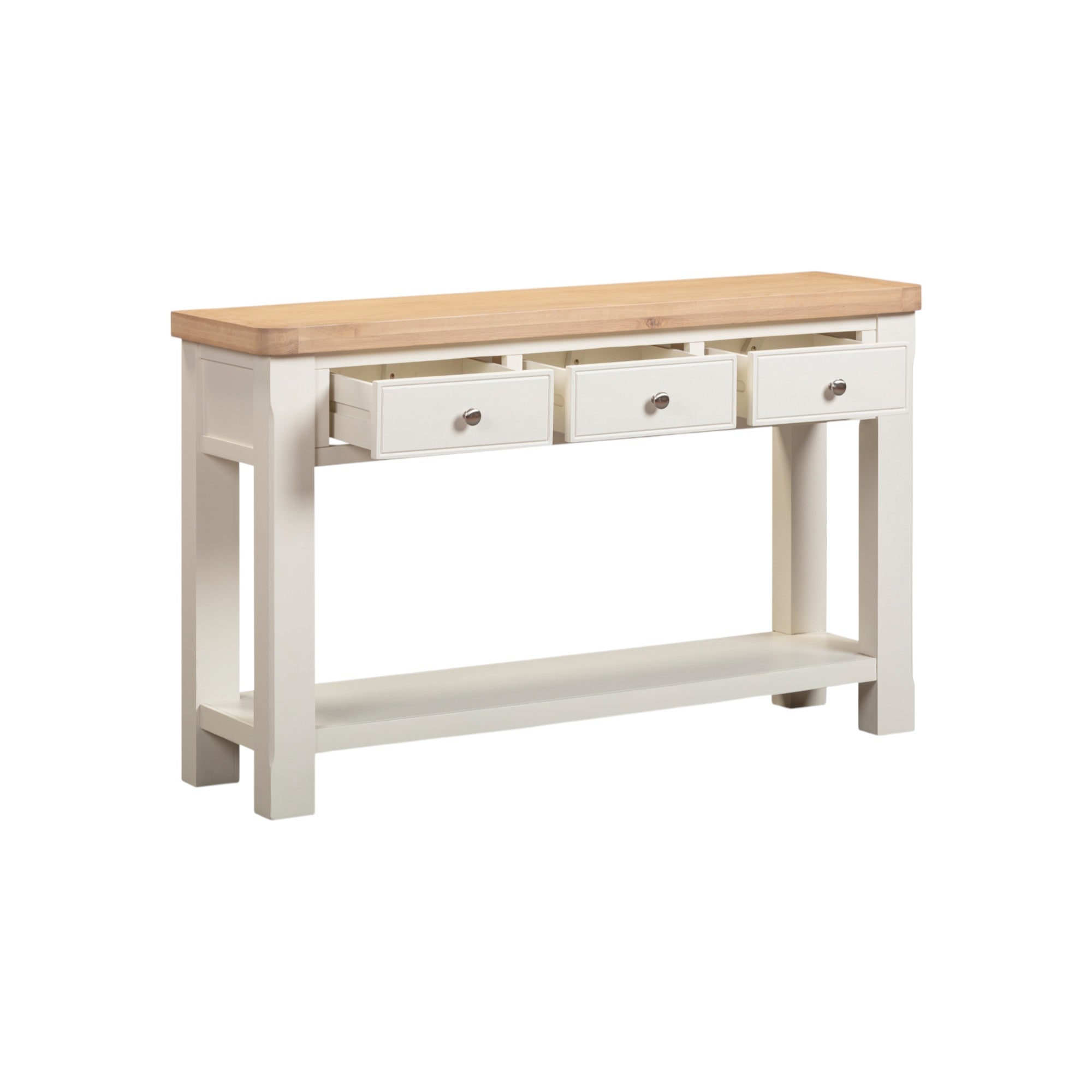White console table with wooden top on a white background