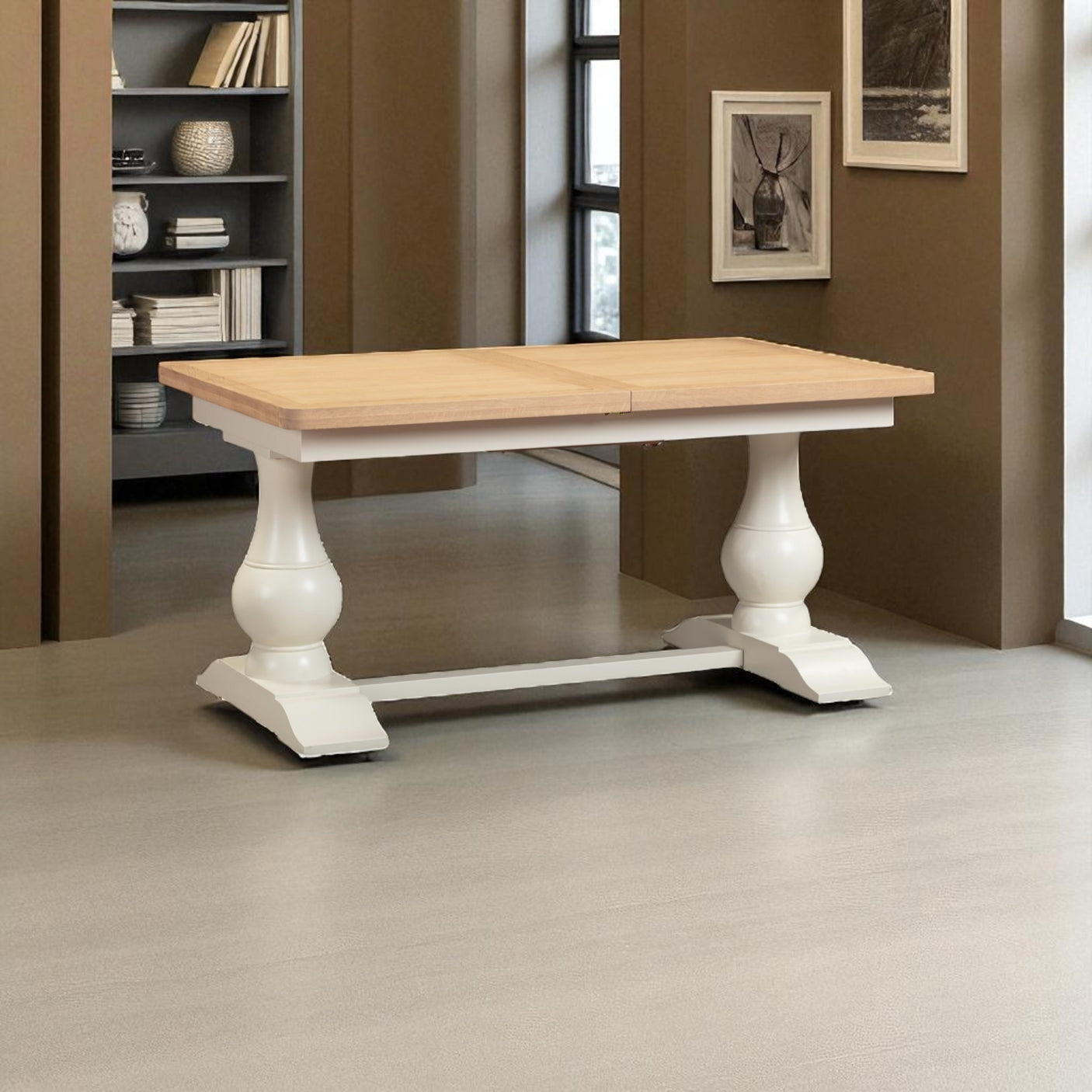 Wooden table with white base in a room setting