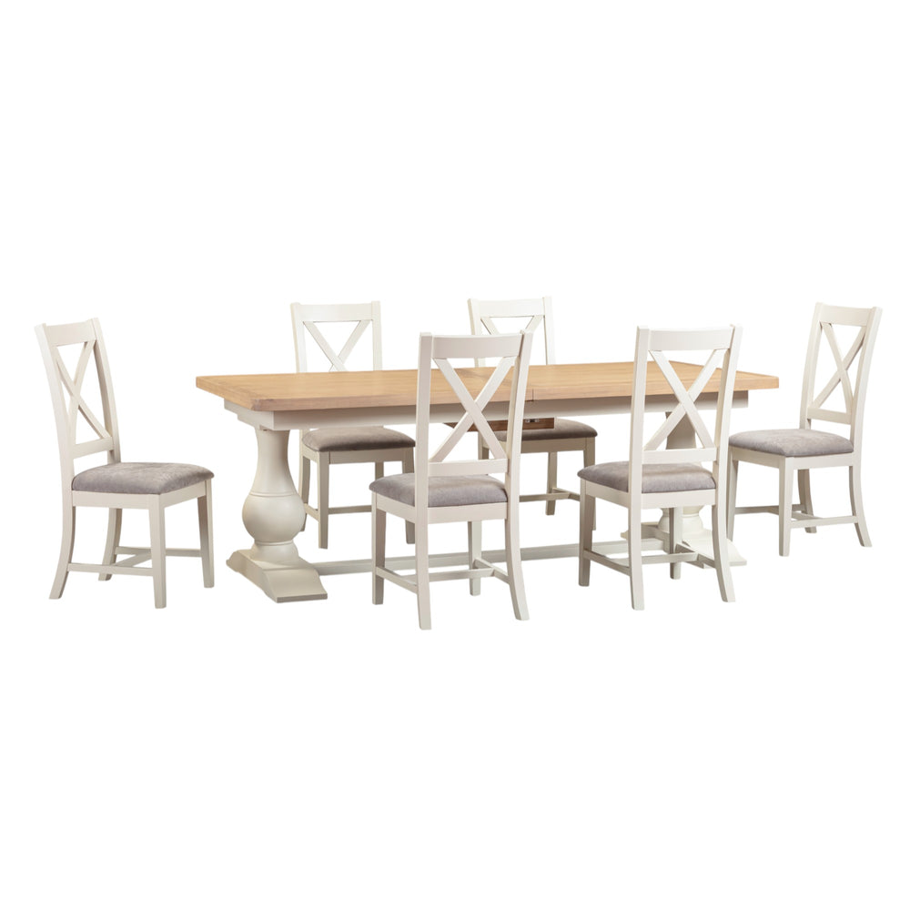 Dining table set with six chairs on a white background