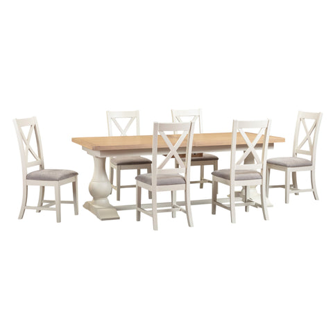 Dining table set with six chairs on a white background
