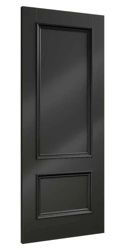 Black shaker interior door with two panels and subtle wood grain finish