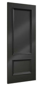 Black shaker interior door with two panels and subtle wood grain finish
