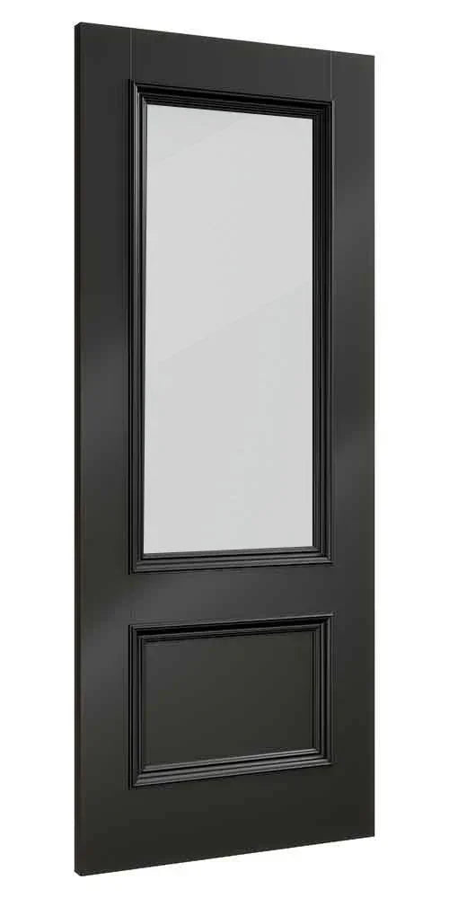 Black internal door with large glass panel and decorative lower molding
