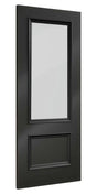 Black internal door with large glass panel and decorative lower molding