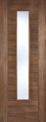 Walnut laminate internal door with central vertical glazed panel, modern wood grain finish