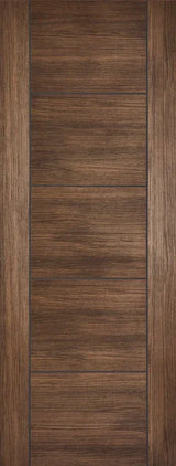 Walnut laminate door with horizontal panel design and wood grain finish