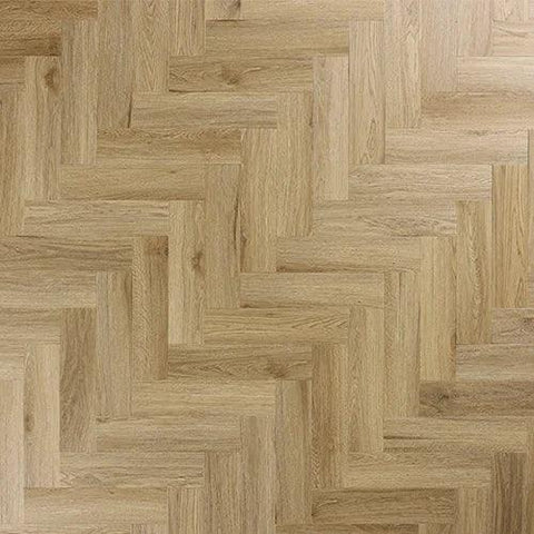 weathered cedar laminate flooring in herringbone pattern with natural wood grain texture