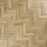 Weathered cedar herringbone wood flooring with natural grain in close detail