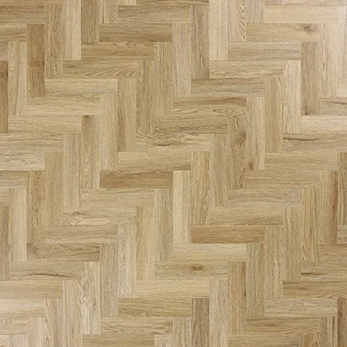 Weathered cedar herringbone wood flooring with natural grain in close detail