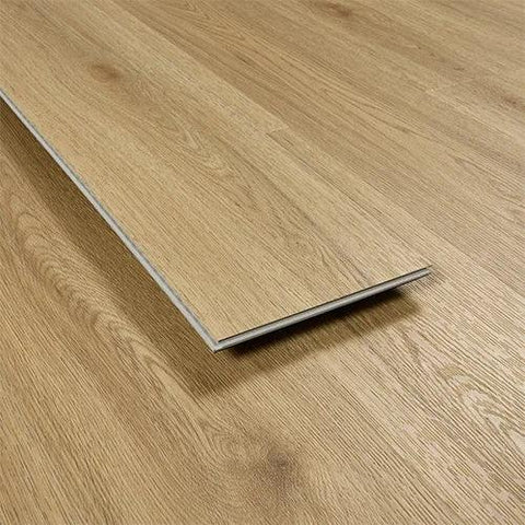 Weathered cedar laminate flooring plank with wood grain texture on light oak floor