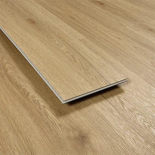 Weathered cedar laminate flooring plank with wood grain texture on light oak floor