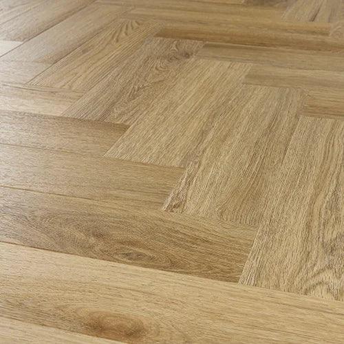 Weathered cedar wooden flooring in herringbone pattern with natural grain detail