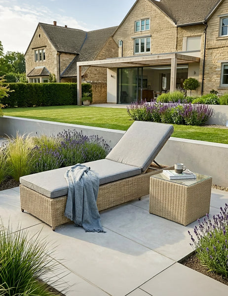 Rattan sun lounger with grey cushions and throw beside matching side table in modern garden