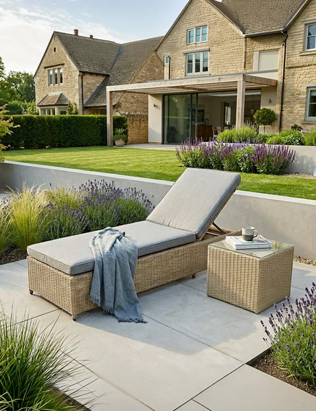Rattan sun lounger with grey cushions and throw beside matching side table in modern garden