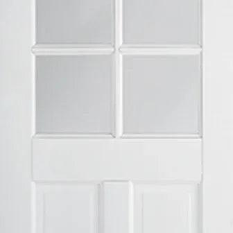 White Canterbury glazed door with six glass panels and two solid panels, front view