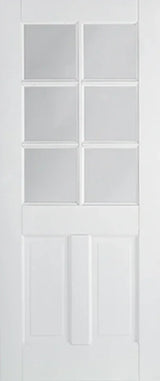 White Canterbury glazed door with six glass panels and two solid panels, front view