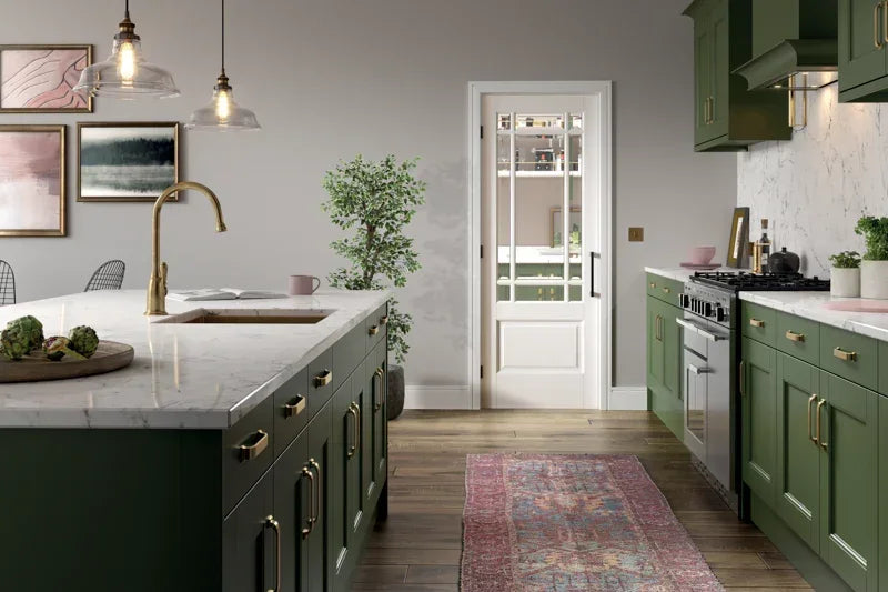 White Downham clear bevelled glazed door with nine glass panels in a modern kitchen