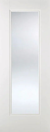 White glazed interior door with large central frosted glass panel, front view