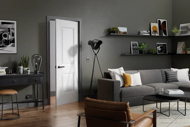 White grain interior door with panel design in modern living room setting