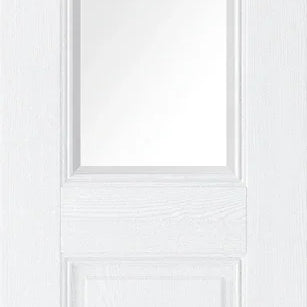 White grain glazed internal door with central glass panel and raised lower panel