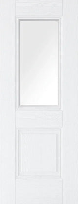 White grain glazed internal door with central glass panel and raised lower panel