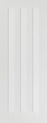 White internal door with three vertical recessed panels, modern smooth finish