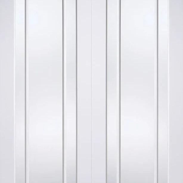 White Lincoln glazed internal doors pair with vertical glass panels and decorative moulding