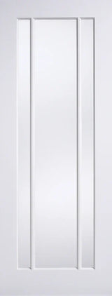 White glazed interior door with three vertical panels and minimalist design