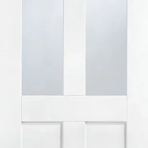 White glazed internal door with vertical glass panels and minimalist design