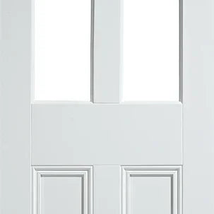White unglazed interior door with two vertical glass panels and decorative lower panels