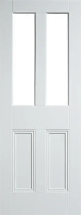 White unglazed interior door with two vertical glass panels and decorative lower panels