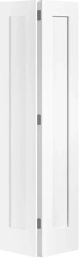 White one panel bi-fold door with vertical panels and metal hinges, angled side view