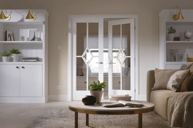 White Reims glazed doors with diamond glass panels in modern living room setting