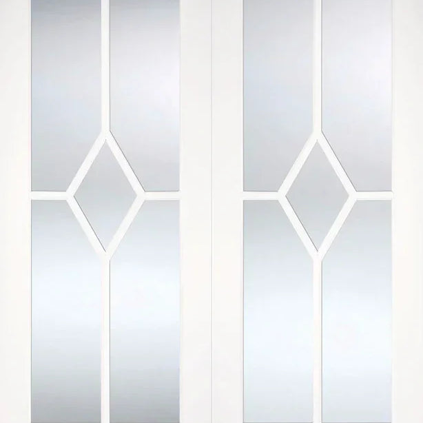 White glazed interior door pair with diamond and vertical glass panels